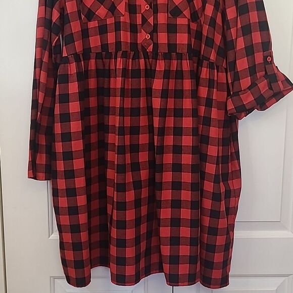 Suzanne Betro Plus Buffalo Plaid Red Bkack Babydoll Dress Long Sleeve Size 2X - Picture 3 of 13
